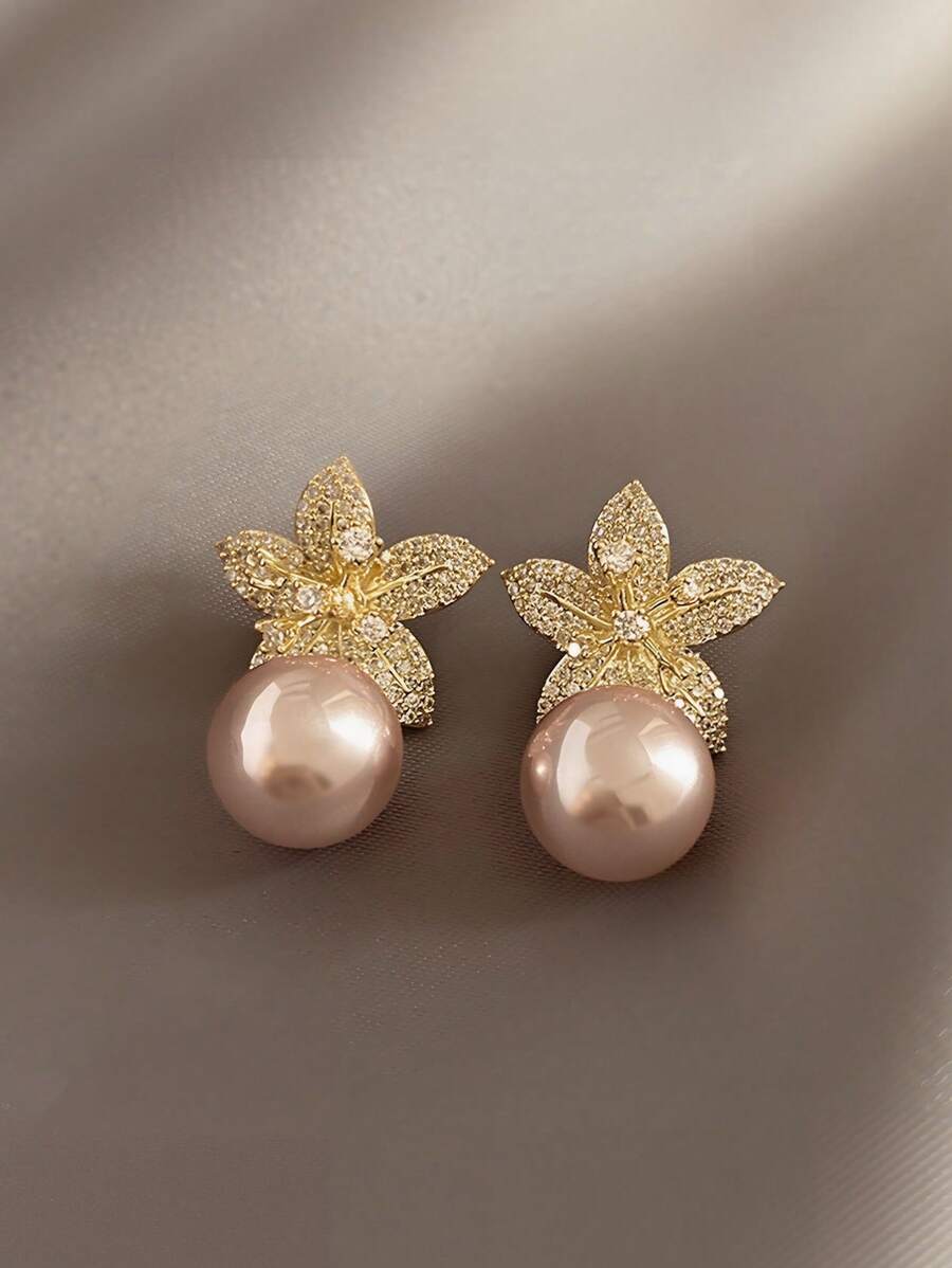 2 件花瓣珍珠耳钉，独特设计时尚耳环，优雅气质 - 彩色 - 查看 1