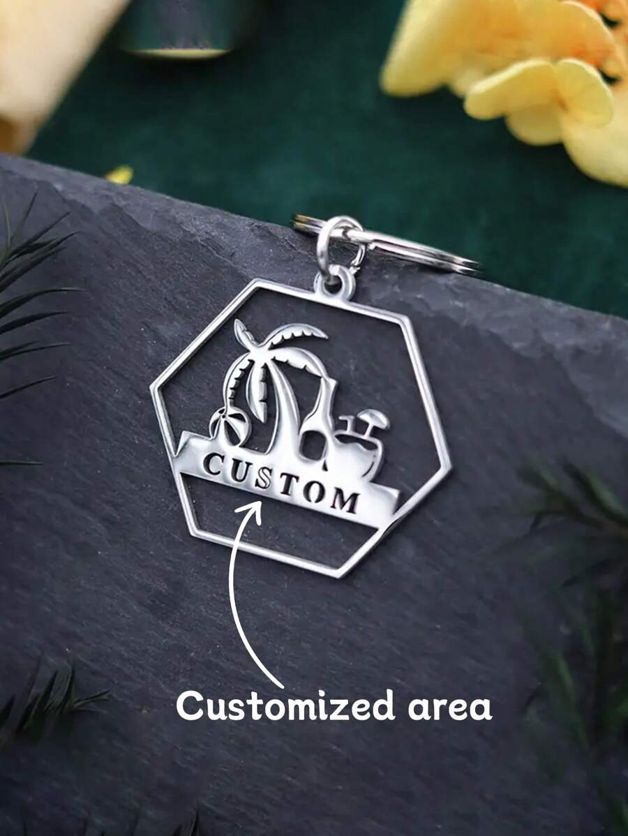 1pc Summer Beach Coconut Palm Key Chain, Customized Name Keychain, Stainless Steel Pendant Keyring For Women Men Car Handbag Jewelry DIY Gifts
