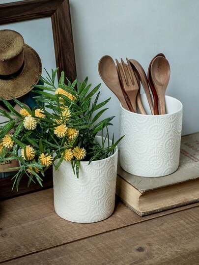 1 szt. Nowy prosty biały tłoczony uchwyt na pałeczki, ceramiczny pojemnik na sztućce kuchenne, dekoracja wazonu; 1 szt. tłoczony pojemnik do przechowywania z wzorem fajerwerków o wysokiej atrakcyjności, uchwyt na długopisy na biurko