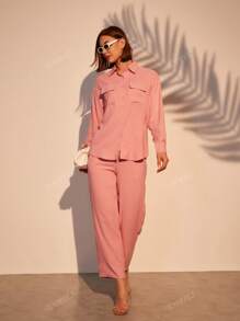 Crinkled Two Pocket Shirt & Pants 2 Pcs Set Women Pink Loungewear