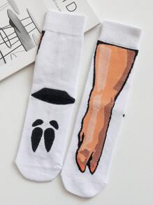 1 Pair/2 Pairs Men's Breathable, Moisture-Wicking Casual Novelty Cartoon Pig Nose & Pig Foot Patterned Mid-Calf Socks, Versatile College Style