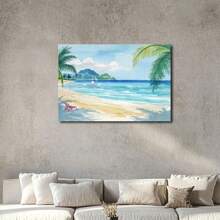 1 Pc, A Beach Scene With Watercolor And Ink Illustrations, Original, Canvas, Wall Art, Living Room Wall Decorations, Bedrooms, Bathrooms, Frame Poster Art Prints, Hanging Paintings, Home Decoration, Festivals. Home Decoration Fe 1 - 彩色 - 查看 2