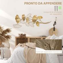 HOMCOM Decorazione Murale 3D in Metallo, Wall Art Dorata con Foglie di Ginkgo 138x70cm