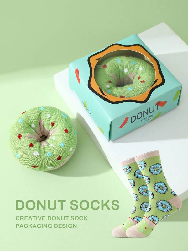 1 paire de chaussettes mi-mollet pour femmes avec impression de biscuits et de beignets créatifs, douces, respirantes, de conception simple et unique, convenant pour le casual, la maison, les voyages, les fêtes, pour rehausser l'ambiance des fêtes, cadeau pour la famille et les amis, toutes saisons