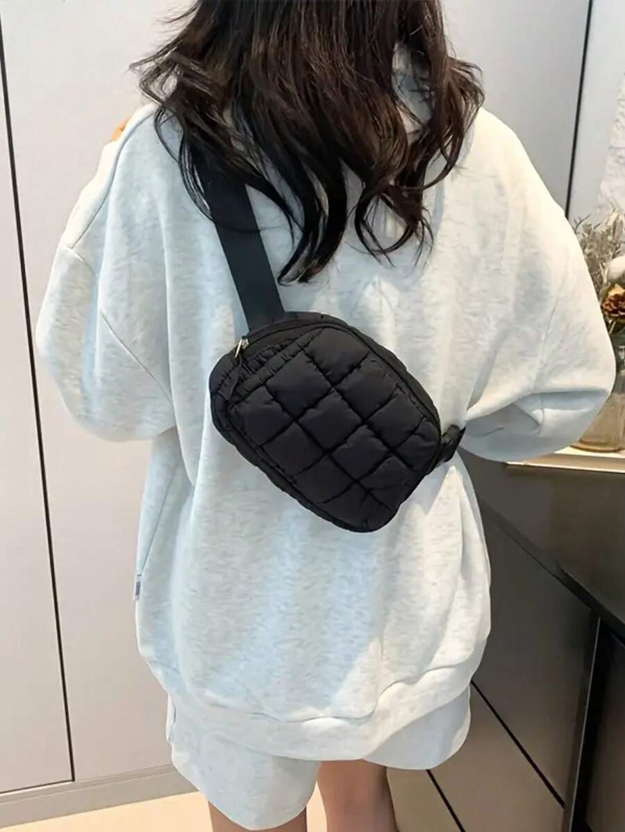 1 件时尚纯色褶皱云斜挎包，轻盈保暖，带衬里，拉链开合，女式绗缝腰肩胸钱包，节日主题，可手洗 - 黑色 - 查看 1