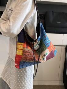 Casual Commuting Large Handbag For Women, New Design Double Sided Denim Tote Bag Shoulder Armpit Large Capacity Plaid Bag