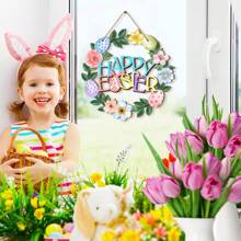 1 件复活节快乐木牌门牌复活节彩蛋壁挂标志花环装饰适用于春季复活节室内户外家庭农舍门廊装饰，质朴的木质前门标志复活节花朵春季悬挂木质标志复活节主题派对装饰