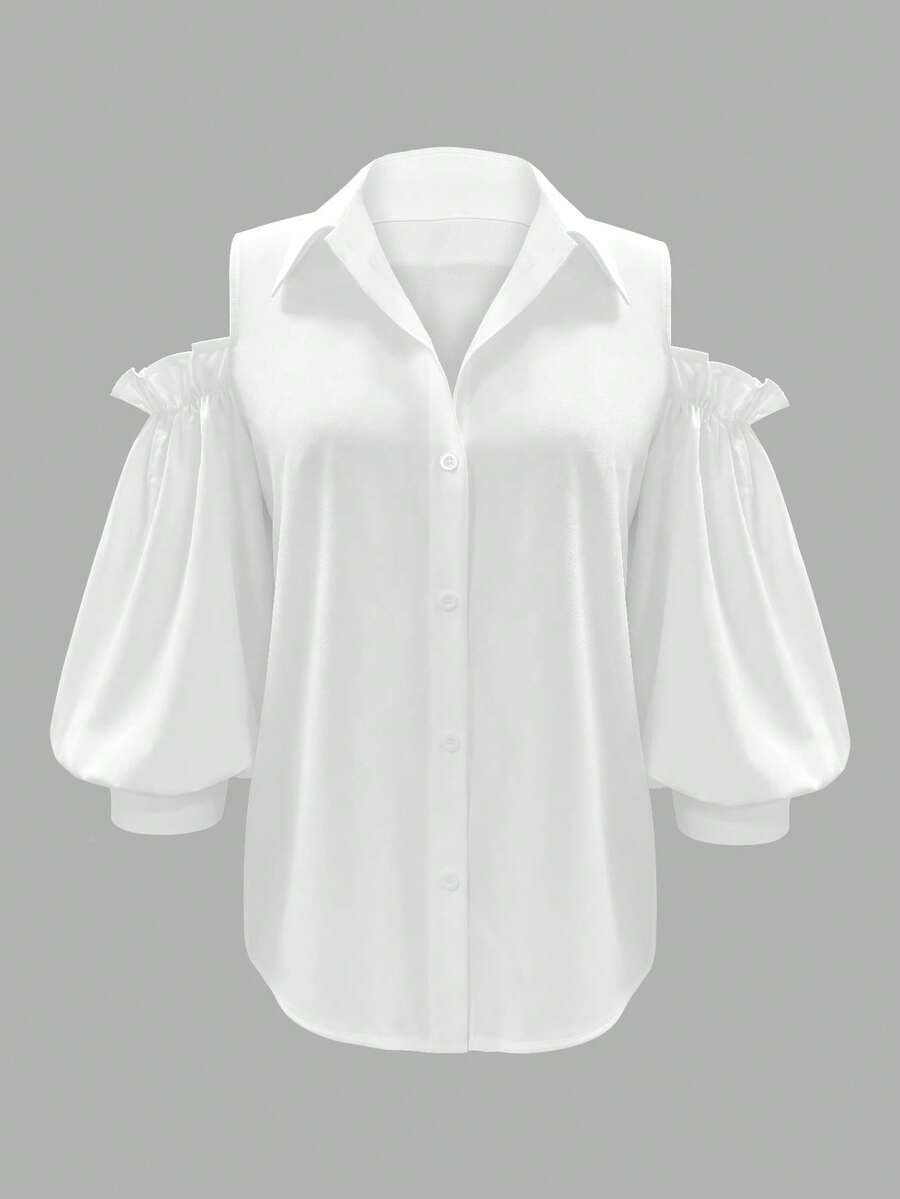Women's Plain Shoulder Exposed Single-Breasted Lantern Sleeve Casual Shirt - White - View 1
