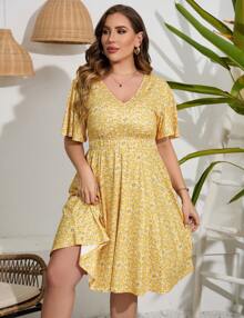 GoyRrbay Women's Plus Size V Neck Midi Dress Casual Floral Dresses Summer Short Sleeve Sundress With Pockets - Màu vàng - Xem 3