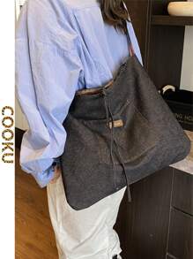 Casual Commuting Large Handbag For Women, New Design Double Sided Denim Tote Bag Shoulder Armpit Large Capacity Plaid Bag