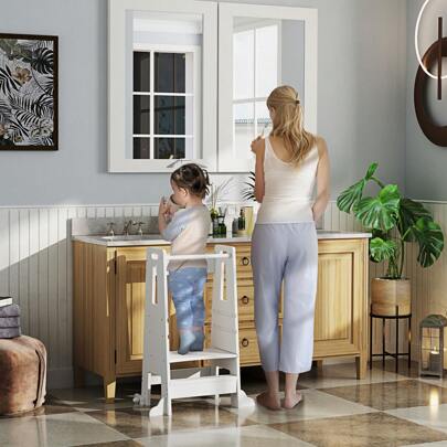 HOMCOM AIYAPLAY Torre de Aprendizaje Taburete de Aprendizaje para Niños de +3 Años con Pedal Altura Ajustable en 3 Niveles y Barrera de  para Baño Cocina 45x47,5x91 cm