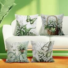 4pcs Lily Of The Valley Butterfly Print Pillowcase Set - 45*45cm Plush Velvet Pillow Cover - Multicolor - View 7