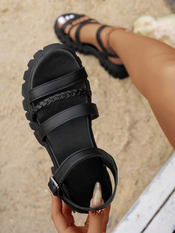 Women's Simple Fashion Strap Woven Sandals, Goddess-Style Wedge Thick Bottom Casual Slip-On Shoes Suitable For Outdoor Walking, Beach, Plus Size