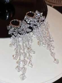 1 对简约优雅复古长流苏心形环状耳环 - 玻璃銀色 - 查看 2