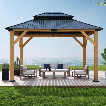 Fir Wood Carport Pavilion Gazebo, Wooden Coated Steel Frame Canopy With Steel Double Roof, Outdoor Permanent Metal Pavilion With Netting For Patio