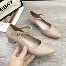 2025 New Spring Pointed-Toe Mid-Heel Slip-On Comfort Single Buckle Strap Dress Pumps - Apricot - View 3