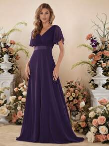 EVERPRETTY Đầm phù dâu màu tím đậm, cổ chữ V, tay bồng xếp ly, thích hợp làm đầm dự tiệc cưới, đầm bán chính thức mùa xuân, đầm dành cho mẹ cô dâu trong đám cưới, tiệc sinh nhật, lễ tốt nghiệp, ngày Valentine. - Màu tím - Xem 7