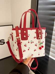 Bolso de mano elegante y lindo con estampado de cereza y dije de cereza, bolso de hombro/bandolera de moda casual adecuado para el uso diario