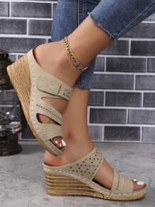 女士新款夏季休闲复古镂空百搭时尚防滑透气杏色凉鞋，带钩环搭扣，一脚蹬厚底中跟穆勒鞋，旅行必备 - 杏色 - 查看 4