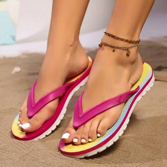 Women's Flip Flops With Floral Print, Contrast Color, Wear-Resistant & Comfortable, Fashion Beach Slippers, Suitable For Vacation, Size Runs Small