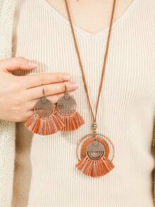 TopHanqi 3 件复古风格扇形几何流苏耳环项链套装，PU 皮革长项链，适合日常佩戴、派对、节日礼物