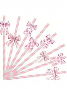 8pcs/Set Pink Bow Paper Straws Bow Ties Drinking Straws Pink Bow Stripe Disposable Straws For Bachelorette Wedding Shower Party Supplies,Glitter Bow Decor Straws, Cute Cartoon Pink Stripe Paper Straws Disposable Tableware For Kitchen Dining Supplies Birthday Party Wedding Gender Reveal Bridal Shower Decorations Party Supplies - Multicolor - View 4