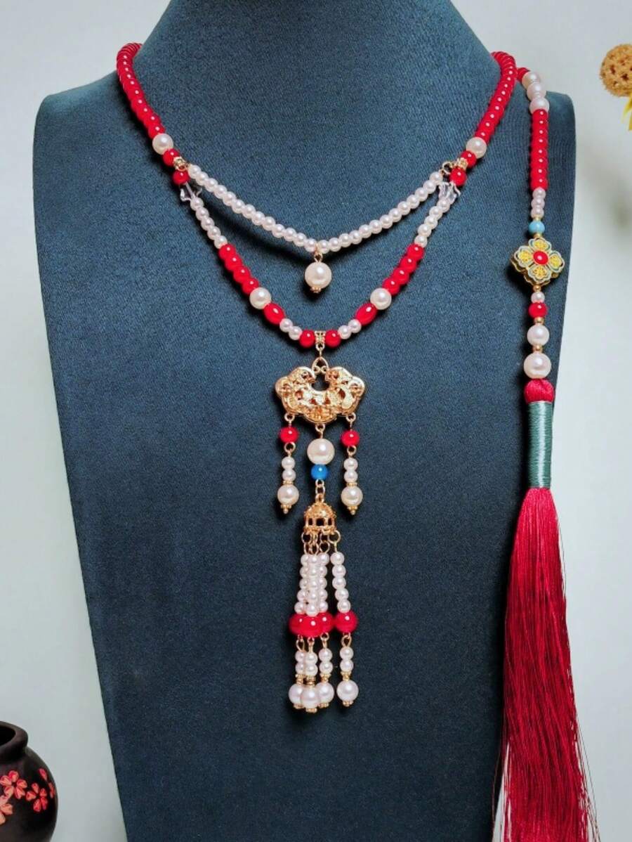 Retro Necklace, Long Style, Faux Pearl Accessory, Back Cloud Tassel Pendant Necklace,Ladies' Daily Party Accessories, Fashionable Jewelry, Best Friend Gifts - Red - View 1