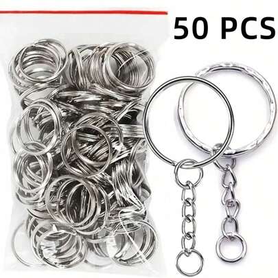 50个金属空白钥匙扣/冲压钥匙圈（款式多样），可拆卸钥匙扣配件