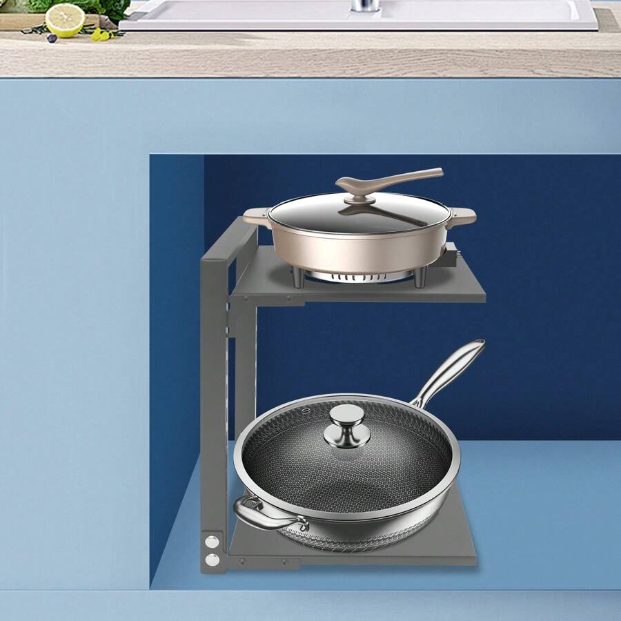 kangten 2 Tier Pot Rack Organizer, Pot And Pan Stand Rack, Countertop/ Under Sink Pot Lid Holder - Grey - View 1