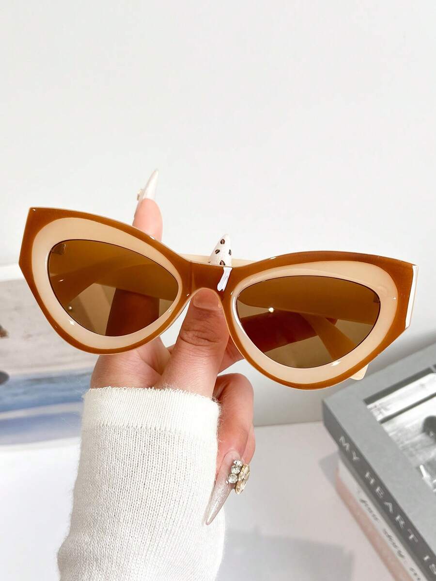 New Fashionable Retro Two-Tone Small Frame Cat Eye Fashion Glasses, Personalized Street Style Glasses For Men & Women, Suitable For Party, Festival, Outdoor, Street Photography, Couple, Casual, Creative, Holiday, Beach