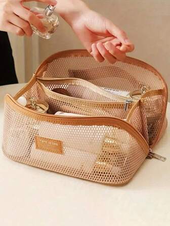 Large Capacity Nylon Mesh Makeup Bag, Breathable Multi-Layer Cosmetic Organizer Bag, Lightweight Toiletry Bag, Fashion Travel Wash Bag, With Compartments For Toiletries And Makeup Tools, Minimalist Style With Zipper Closure, Top Single-Handed Carrying Handle, Hollow Design