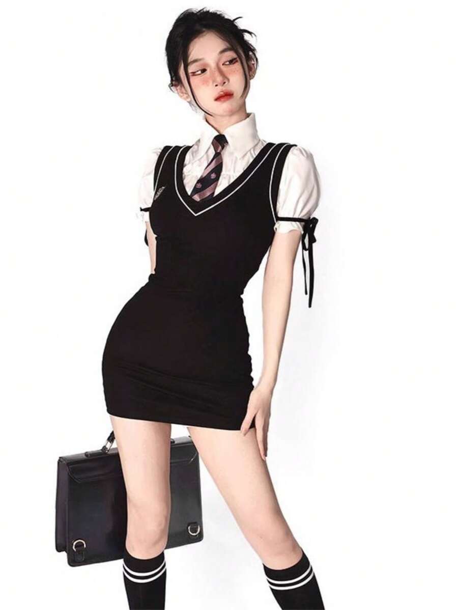 1pc Sweet & Fresh Retro Academic Style JK Uniform Dress Set, Suitable For Pure Aesthetic & Sexy Look, Slim Waist & Bodycon, Great For Graduate Photo Shoot, Student Style Halloween - Black - View 1