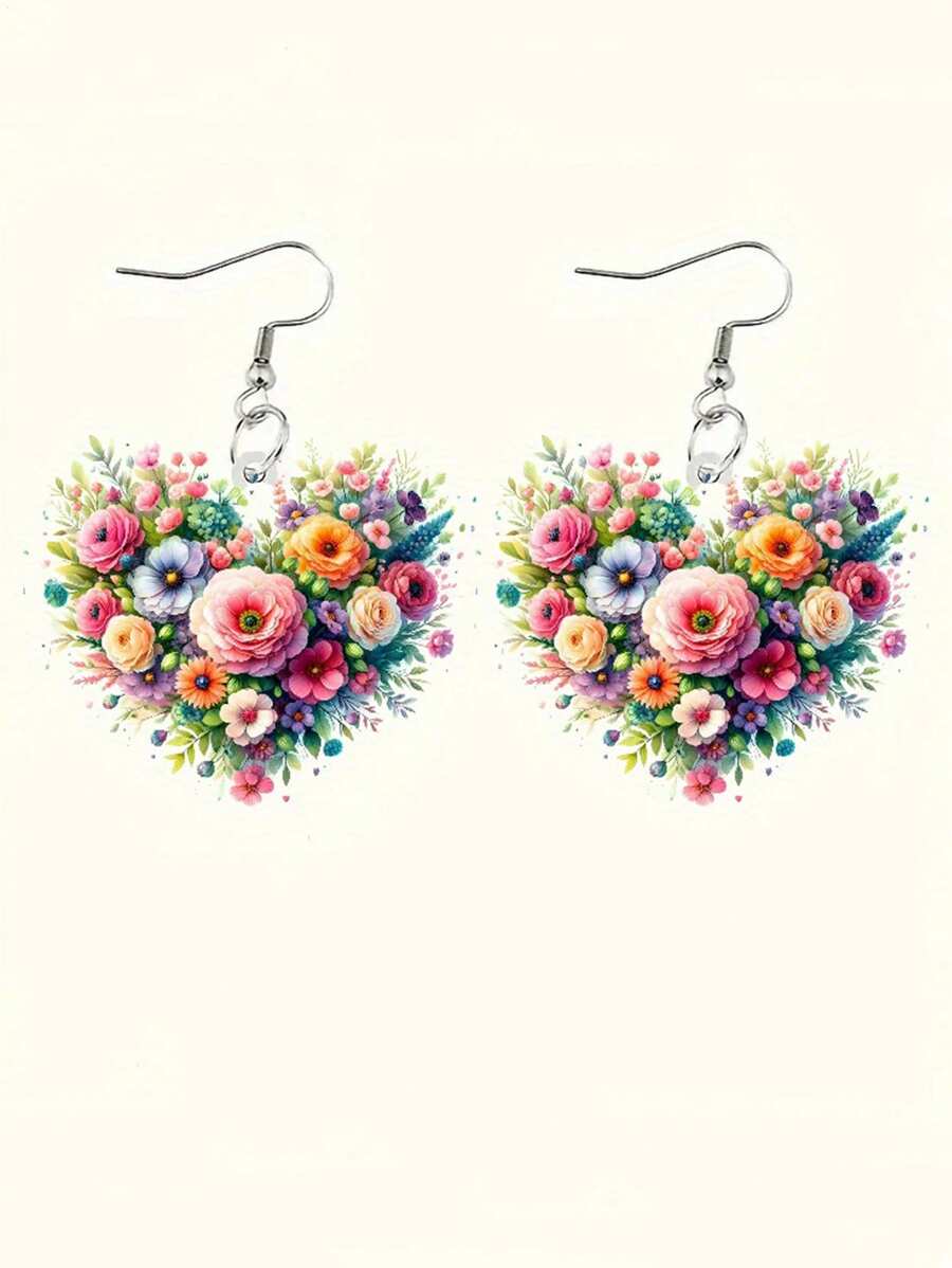1 Pair Of 2D Acrylic Heart-Shaped Flower Earrings, Women's Fashionable Pendant Earrings, Suitable For Mother's Day, Christmas, Valentine's Day As Gifts, Suitable For Daily Wear,Mom,Mother,Mother's Day,Gift