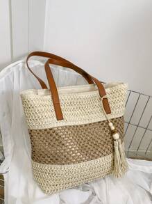 1pc New Fashionable Vacation Style Women Beach Tote Bag, Lightweight Handwoven Straw Shoulder Bag With Contrast Stripes, Tassel Decor, Casual Woven Handbag, Zipper Closure, Perfect For Holiday And Travel
