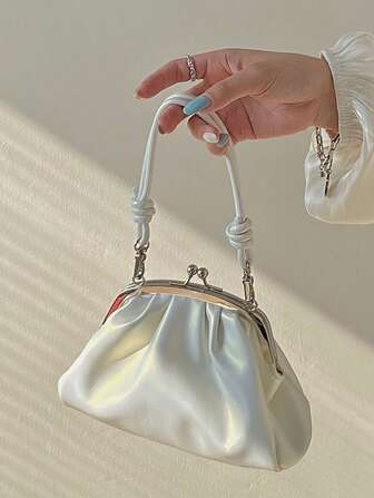 少女可爱甜美日韩风褶皱拱形单肩包，珍珠闪光褶皱扣包，小众高端链条肩带手提包和斜挎包，女士派对活动约会休闲学校日常礼品包