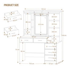 Hzuaneri Dressing Table With Adjustable LED Lights, Removable Large Mirror, With Jewellery Storage, Open Shelves, 5 Drawers, With Beside Table, For Bedroom, White - White - View 8