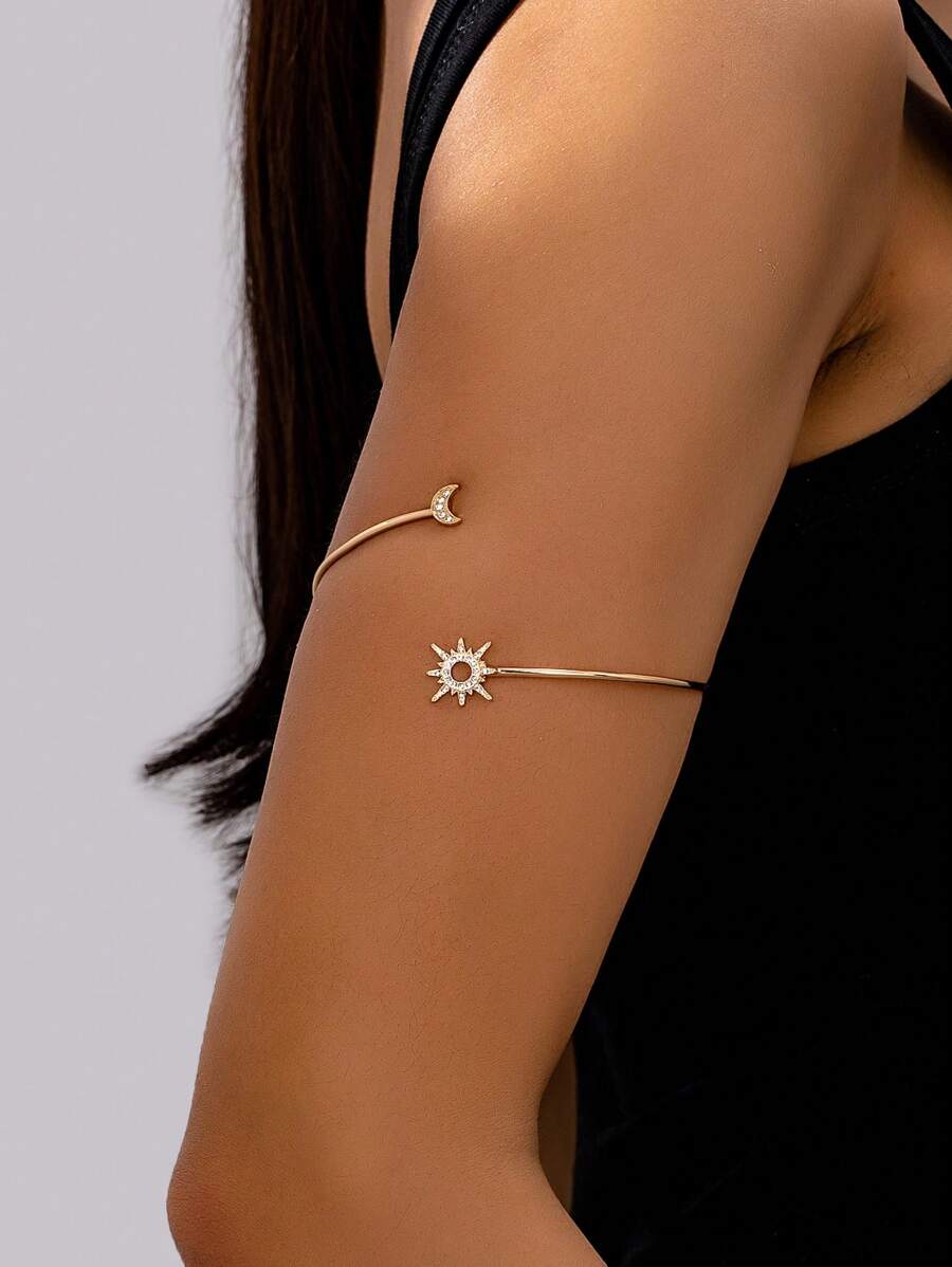 1pc Women's Fashion Open Adjustable Rhinestone Star & Moon Arm Cuff Bracelet, Suitable For Daily Wear And Gift - Gold Moon Armlet - View 1