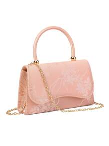 This Evening Bag Is Delicate And Compact. The Body Is In A Soft Pink Tone, With A Fine Floral Texture On The Surface, Adding A Romantic And Elegant Touch. The Rounded Handle Is Paired With Golden Metal Connectors, Creating A Luxurious Feel. The Flap Design Has A Smooth, Streamlined Profile, With A Vintage Yet Fashionable Overall Style, Making It An Ideal Accessory To Pair With Formal Attire For Evening Events. This Women's Handbag, Clutch, And Shoulder Bag Is Suitable For Weddings, Galas, Parties, And Other Formal Occasions, And Can Be Perfectly Paired With Evening Gowns And High Heels For A Graceful Look.