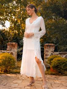 QUNGIGU Women's Boho Flowy Maxi Dress - Flounce Collar & Bell Sleeves With Thigh Slit, Beach Vacation Dress For Summer, V-Neck Party Outfit