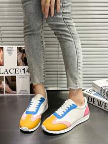 Women's Contrast Lace-Up Casual Sneakers, Lightweight And Comfortable Outdoor Flat Shoes, Low-Top Breathable Fitness And Sports Casual Shoes