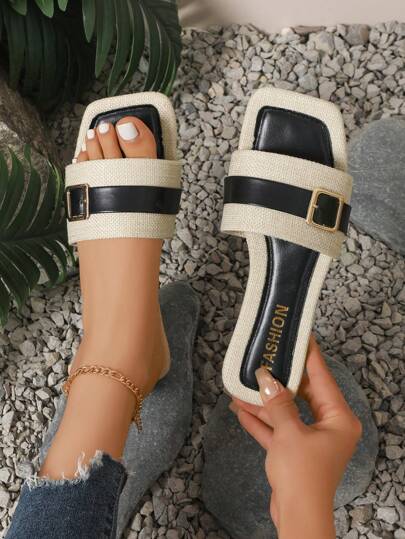 女士平底方头防滑凉鞋，休闲百搭夏季露趾拖鞋，时尚腰带装饰，简洁大方，适合日常穿着、节庆、居家穿着