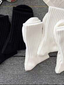 5pairs Women's Casual Black & White Mid-calf Socks For Spring And Autumn - Black and White - View 3