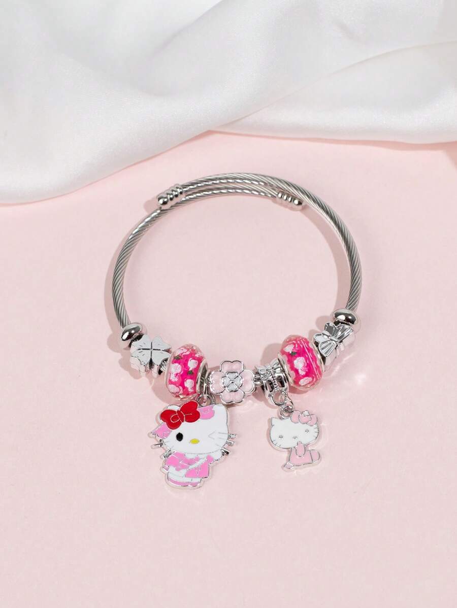 Sanrio Brățară Sanrio Hello Kitty, 1 buc. Brățară argintie cu pandantiv roz Hello Kitty la modă, potrivită pentru purtarea zilnică a femeilor