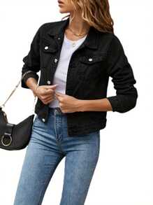 Womens Solid Color Denim Jacket, Casual Long Sleeve Button Down Chest Pocket Jean Jacket, College Students Outfit Back To School, Blusas Casuales De Mujer Going Out Tops Women, Fall Outfits For Women, Fall Clothes For Women
