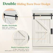 61" Farmhouse Double Bathroom Vanity With Dual Sinks - Storage Cabinet With Sliding Barn Doors & Drawers, Large Vanity Sink Combo Set - White - View 5