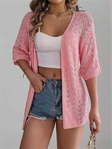 Women's Pink Hollow Out Short Sleeve Knit Cardigan, Lightweight Outwear, Suitable For Beach/Holiday, Summer - Pink - View 5