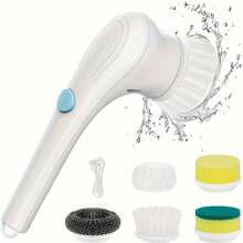 Un cepillo de limpieza inalámbrico de mano con 5 cabezales de cepillo reemplazables con cabezales de cepillo giratorios para usar en baños, bañeras, azulejos de pared, suelos y cocinas.