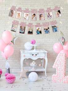 1st Birthday Photo Banner For Baby From Newborn To 12 Months, 1st Birthday Decorations Girl Monthly Milestones Garland | First Birthday Photo Banner Pre-Strung With Frame (Rose Gold)