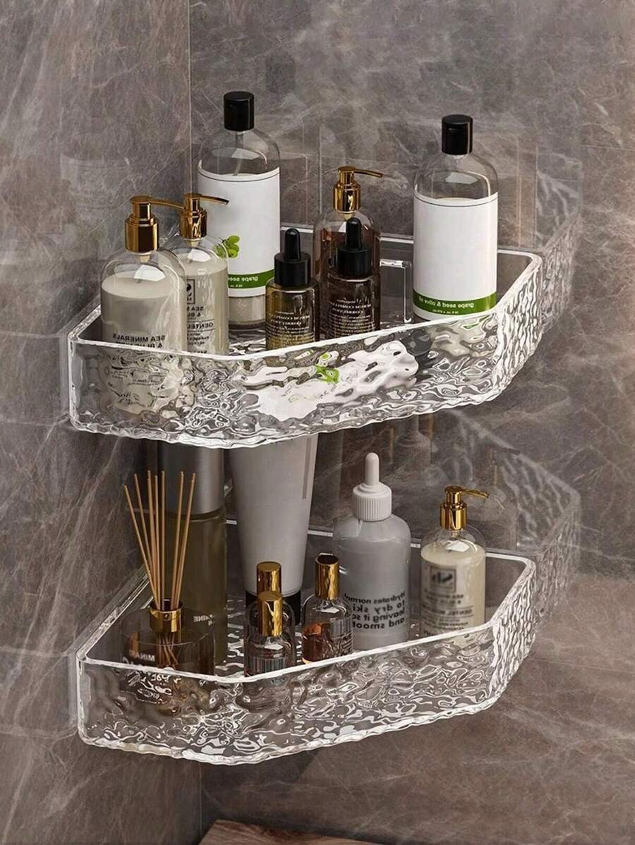 1 Piece Glacier Textured Wall Shelf For Bathroom; Corner Shelf For Shower Without Perforation Required For Bathroom; Storage Shelf Above Toilets; Organizer Of Makeup And Skin Care For The Sink; Wall Storage Shelf For Kitchen Decoration, Bathroom, Autumn Decoration,Birthday Decarations,New Year Gifts,Valentine's Day Gifts(Let It Sit For 24 Hours Before Use) - Transparent - View 1