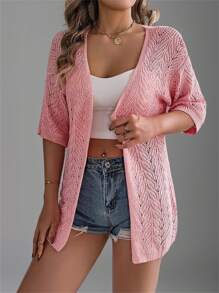 Women's Pink Hollow Out Short Sleeve Knit Cardigan, Lightweight Outwear, Suitable For Beach/Holiday, Summer - Pink - View 1